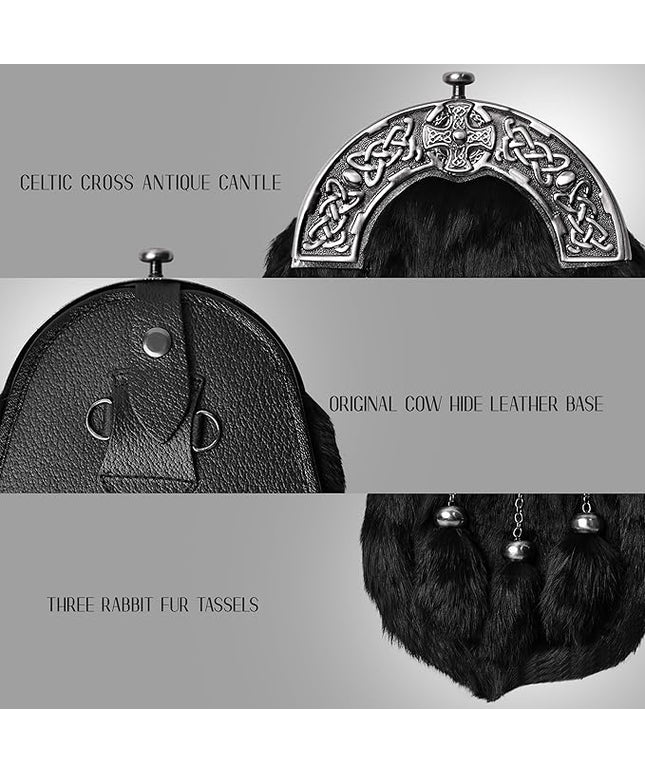 Formal Black Rabbit Fur Sporran with Black Cross Antique Cantle