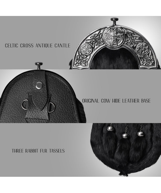 Formal Black Rabbit Fur Sporran with Black Celtic Antique Cantle