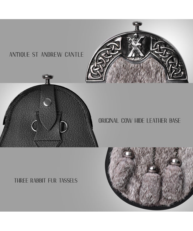 Grey Rabbit Fur Sporran Antique Cantle featuring genuine rabbit fur and an antique cantle design, perfect for formal Scottish dress.