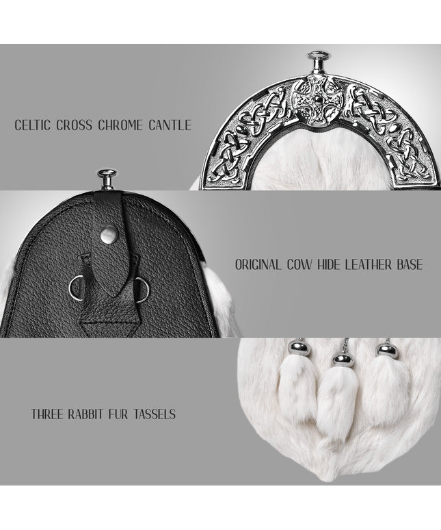 Formal White Rabbit Fur Sporran with Cross Chrome Cantle