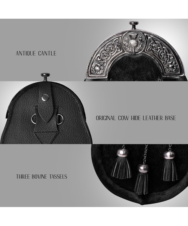 Premium Quality Scottish Black Bovine Sporran with chain belt