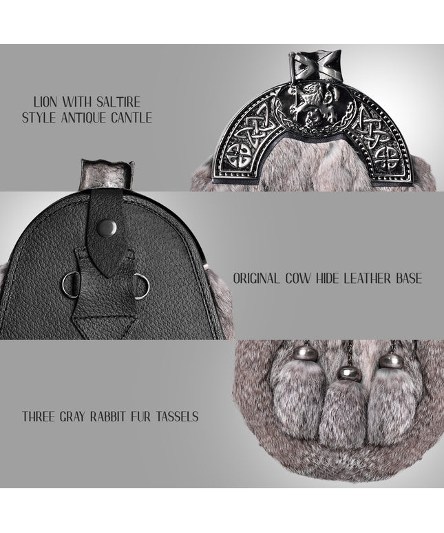 Grey Rabbit Fur Sporran Antique Cantle featuring genuine rabbit fur and an antique cantle design, perfect for formal Scottish dress.