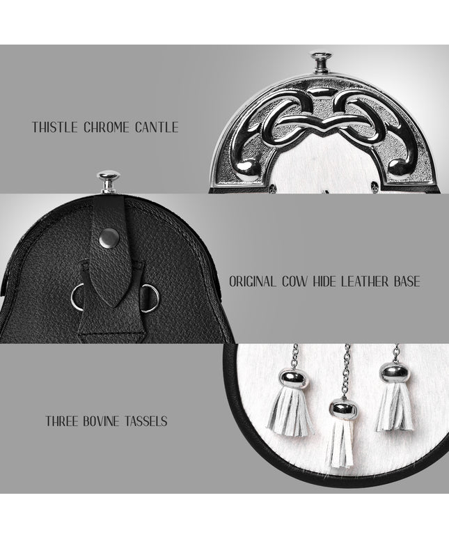 Premium Quality Scottish White Bovine Sporran with Chain Belt