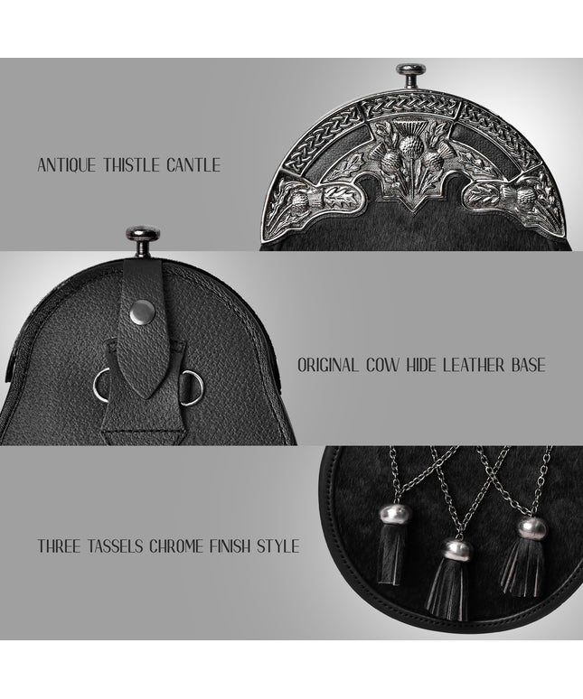 Scottish Black Bovine Sporran with chain belt and cross chain tassels design