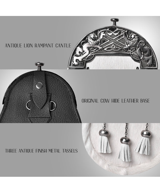 Formal White Bovine Sporran with Antique Lion Rampant Cantle