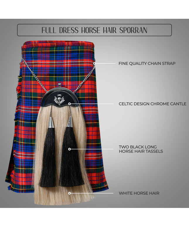 Full Dress Horse Hair Sporran with detailed Thistle Chrome Cantle, showcasing luxurious materials and traditional Scottish design.