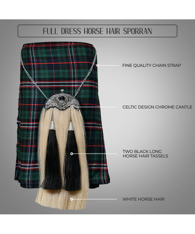Full Dress Horse Hair Sporran with black horse hair tassels - Traditional Scottish formal accessory