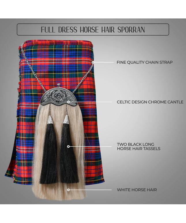 Full Dress Horse Hair Sporran with intricate Celtic Design Chrome Cantle, showcasing premium craftsmanship and luxurious materials.