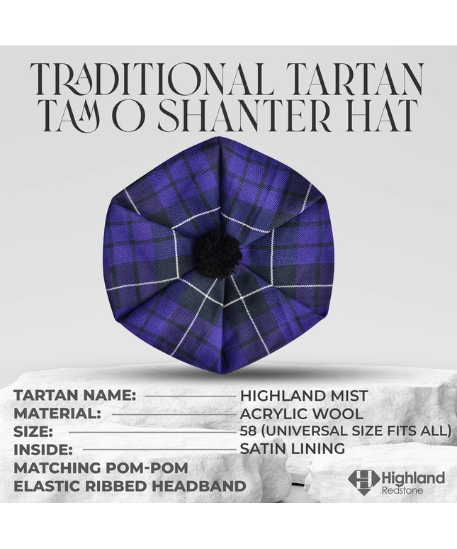 Tam O'Shanter Hat with Pompom | Highland Mist Tartan