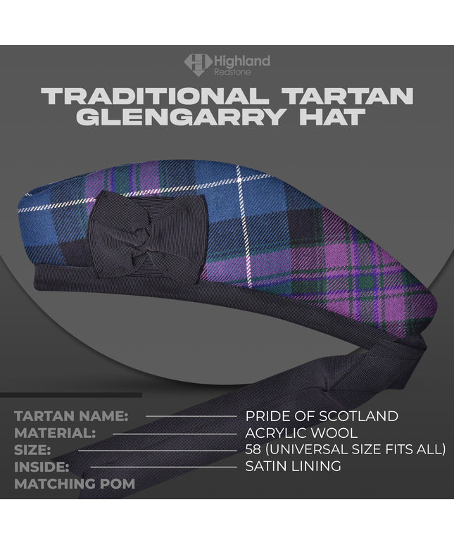 Pride of Scotland Glengarry hat featuring the elegant and vibrant Pride of Scotland tartan pattern