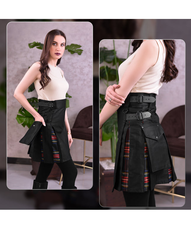 Women's Hybrid Utility Kilt in Black Stewart Tartan