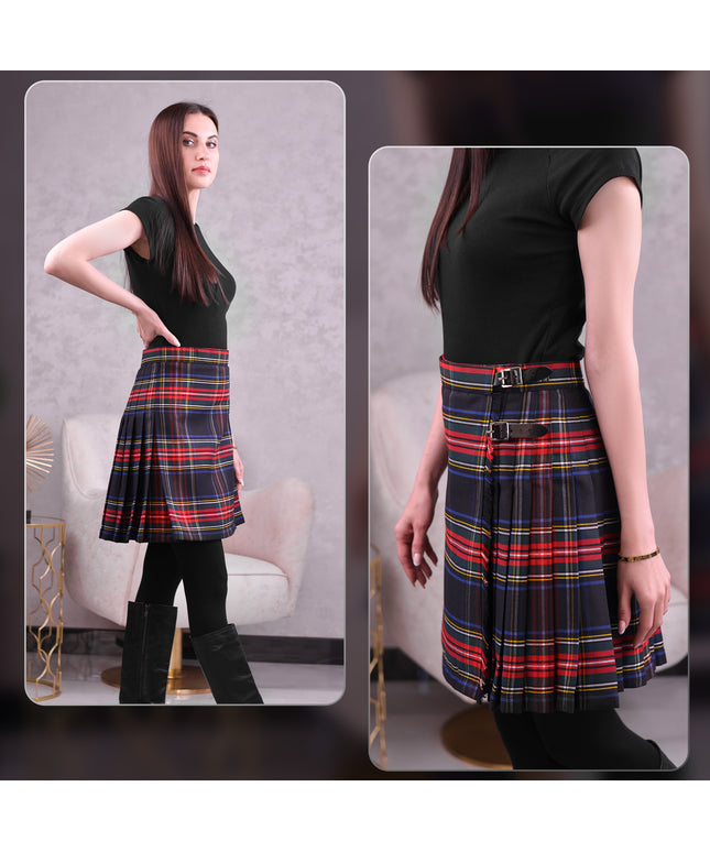 Woman Plaid Kilt - Black Stewart Tartan Kilt - Premium Quality & Timeless Style
