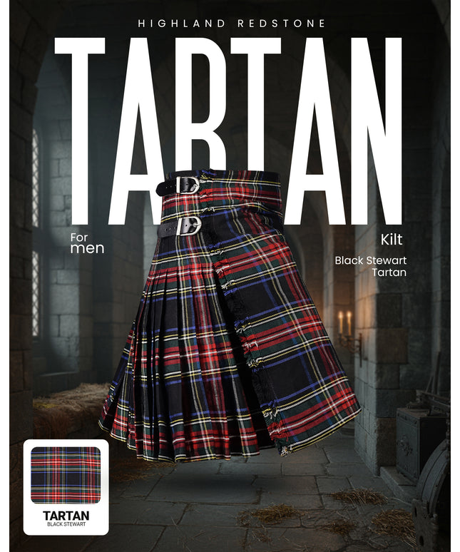 Kilt for Men I Black Stewart Tartan Kilt Polyviscose 8 Yard Traditional Men Kilt