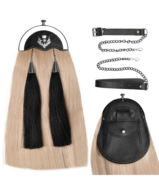 Full Dress Horse Hair Sporran with detailed Thistle Chrome Cantle, showcasing luxurious materials and traditional Scottish design.