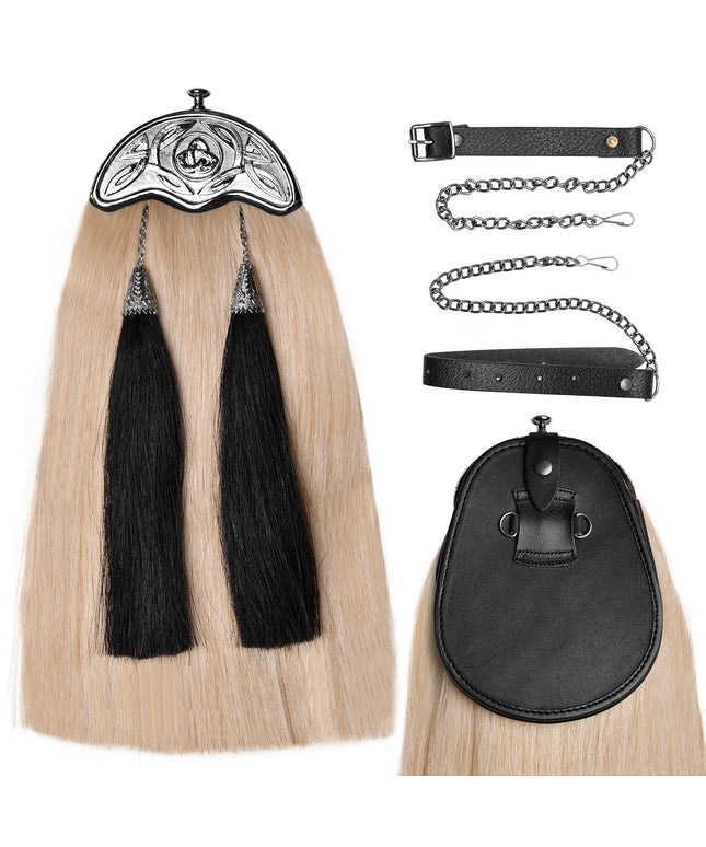 Full Dress Horse Hair Sporran with intricate Celtic Design Chrome Cantle, showcasing premium craftsmanship and luxurious materials.