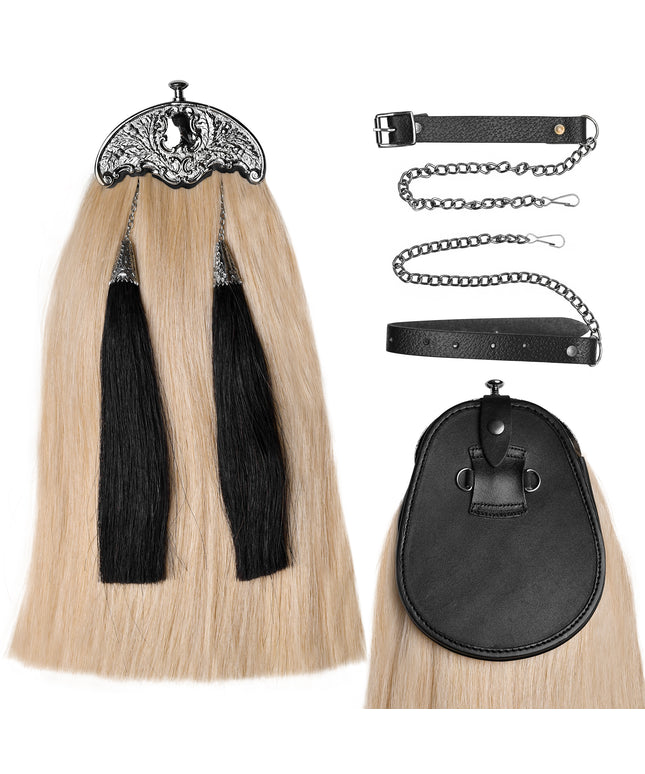 Full Dress Horse Hair Sporran with black horse hair tassels - Traditional Scottish formal accessory