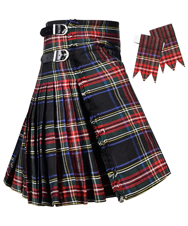 Kilt for Men I Black Stewart Tartan Kilt Polyviscose 8 Yard Traditional Men Kilt