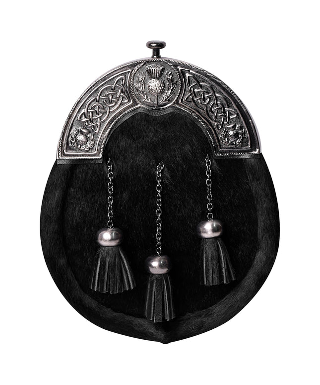 Premium Quality Scottish Black Bovine Sporran with chain belt