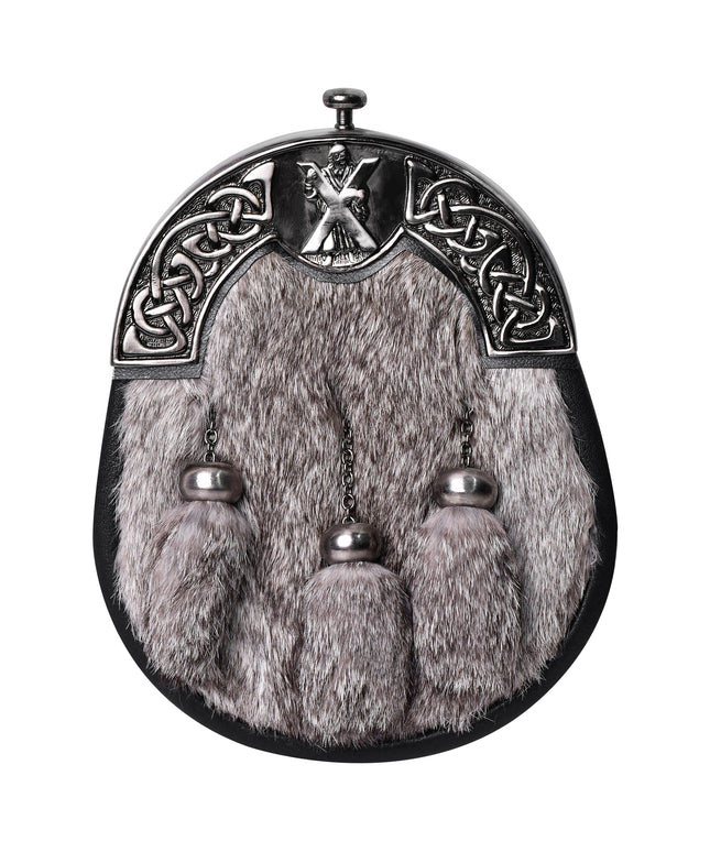 Grey Rabbit Fur Sporran Antique Cantle featuring genuine rabbit fur and an antique cantle design, perfect for formal Scottish dress.