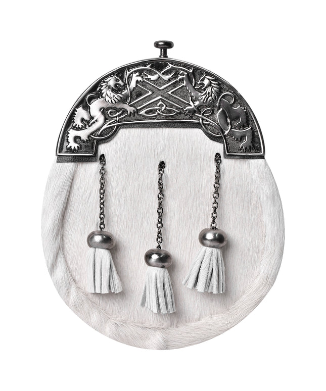 Formal White Bovine Sporran with Antique Lion Rampant Cantle