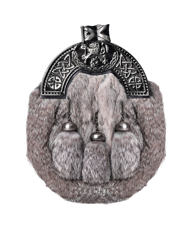 Grey Rabbit Fur Sporran Antique Cantle featuring genuine rabbit fur and an antique cantle design, perfect for formal Scottish dress.