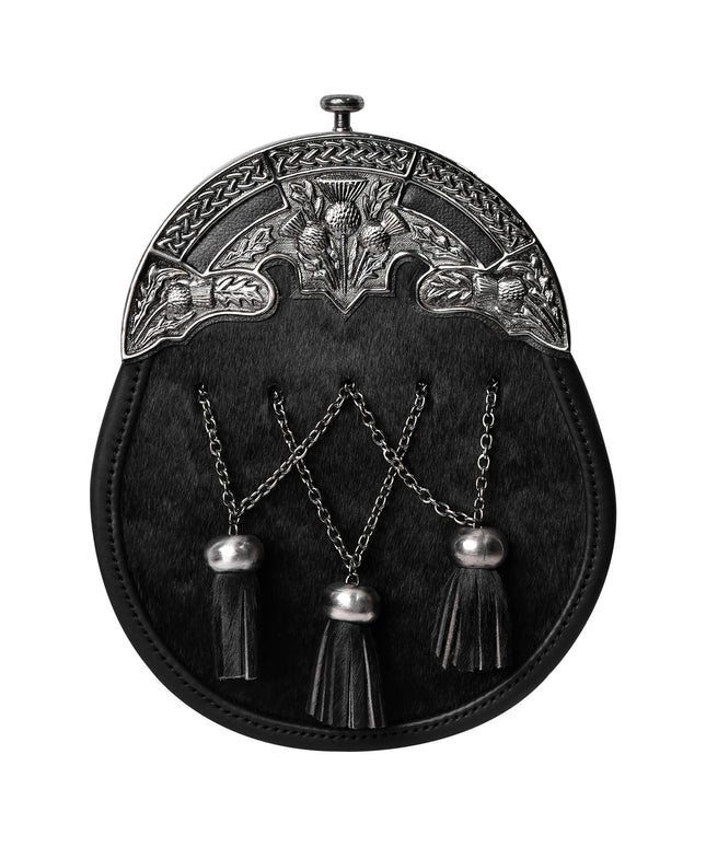 Scottish Black Bovine Sporran with chain belt and cross chain tassels design