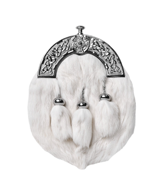 Formal White Rabbit Fur Sporran with Cross Chrome Cantle