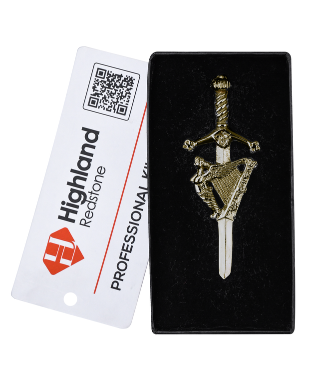 Antique Kilt Pin with a detailed Irish Harp design, perfect for adding elegance to your kilt outfit.