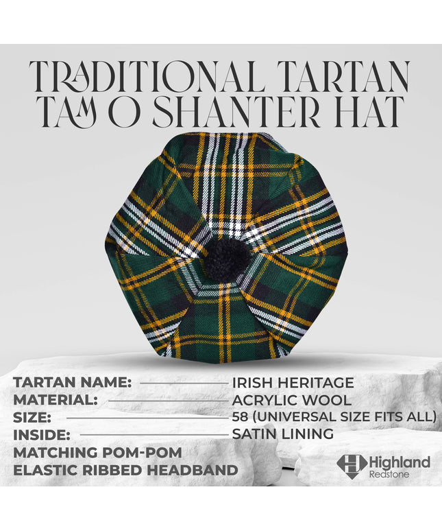 Tam O'Shanter Hat with Pompom in Irish Heritage Tartan