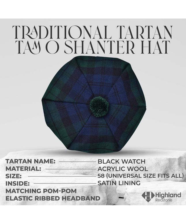 Tam O'Shanter Hat with Pompom in Black Watch Tartan