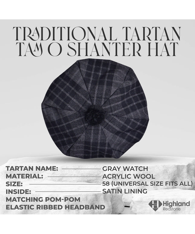 Tam O'Shanter Hat with Pompom in Gray Watch Tartan