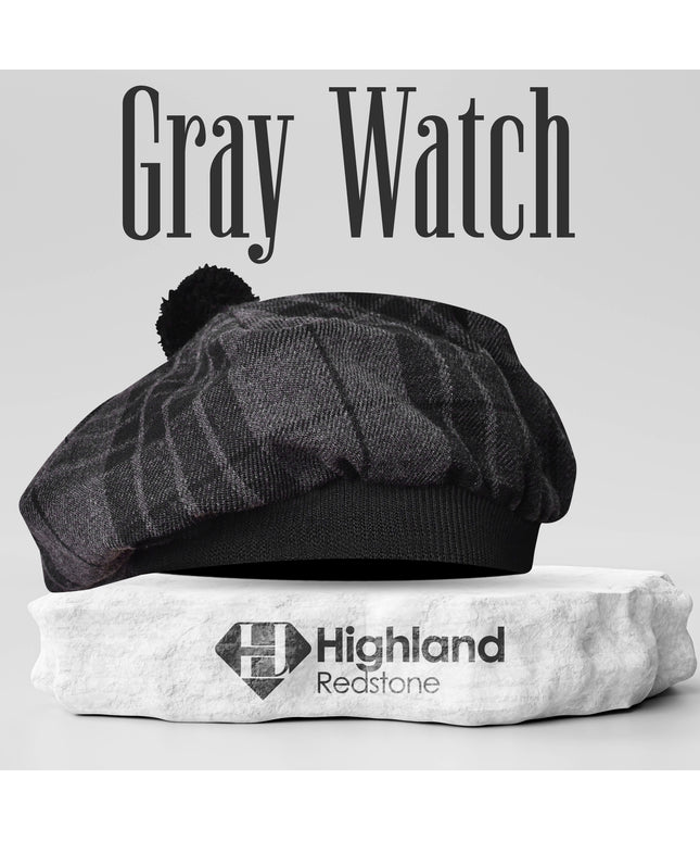 Tam O'Shanter Hat with Pompom in Gray Watch Tartan