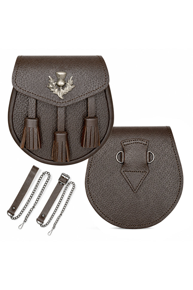 Brown Leather Sporran with Antique Scottish Thistle Badge
