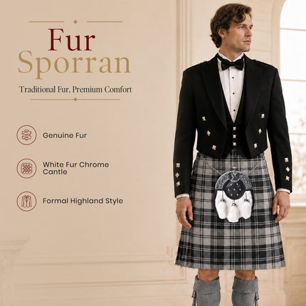 Sporran formel en fourrure de lapin blanche avec rabat chromé St. Andrew