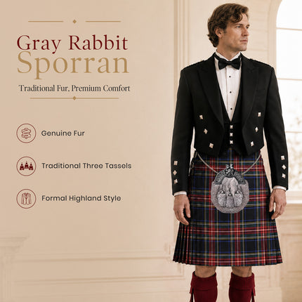 Formal Gray Rabbit Fur Sporran with Gray Lion Antique Cantle