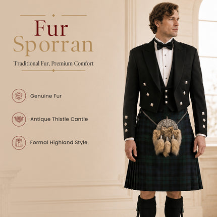 Coyote Fur Sporran with Thistle Antique Cantle