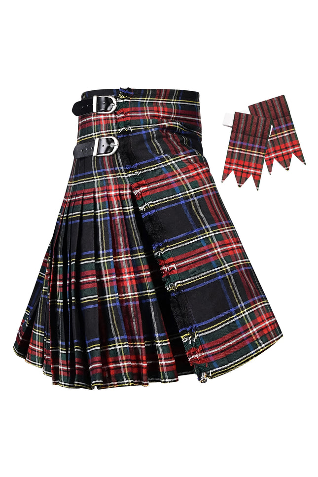 Kilt para hombre I Kilt Polyviscosa Black Stewart Tartan de 8 yardas tradicional para hombre | Tallas grandes