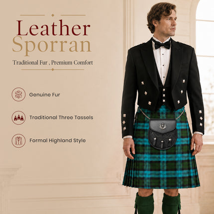 Sporran en cuir de luxe noir avec chardon antique