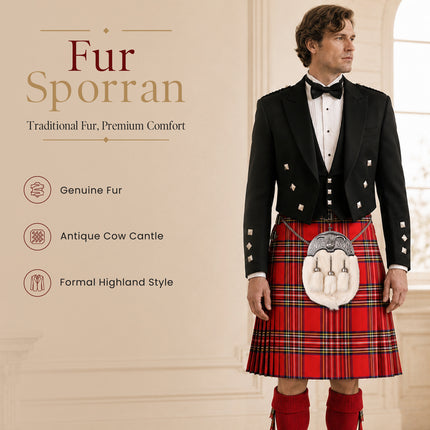Sporran en fourrure de lapin blanche avec rabat en finition antique à l'effigie d'une vache des Highlands