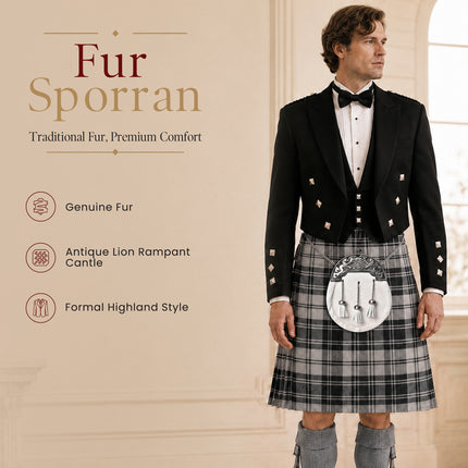 Formal White Bovine Sporran with Antique Lion Rampant Cantle