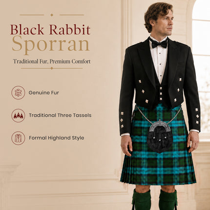 Sporran en fourrure de lapin noire, formel, avec cantle vieilli à croix noire