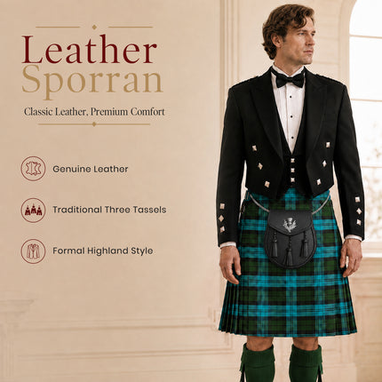 Semi Dress Leather Sporran w/ Thistle Badge I Black Plain