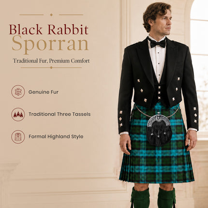 Sporran en fourrure de lapin noir formel avec chardon et monture chromée