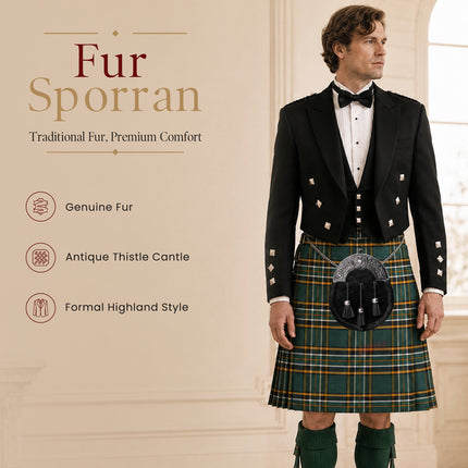 Formal Black Bovine Sporran with Black Thistle Antique Cantle