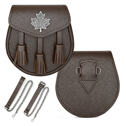 Brown Leather Sporran with Celtic Maple Leaf Badge