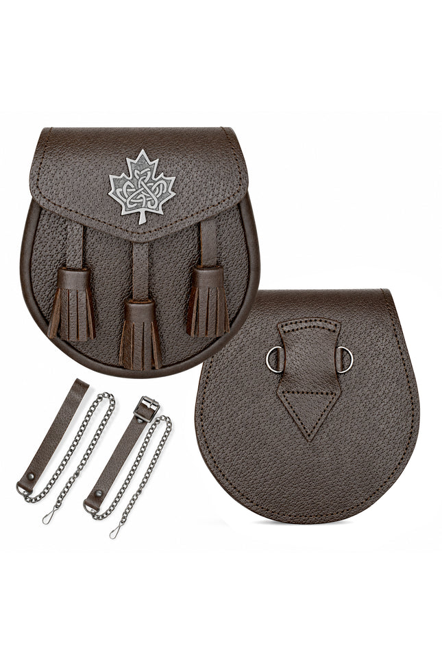 Brown Leather Sporran with Celtic Maple Leaf Badge