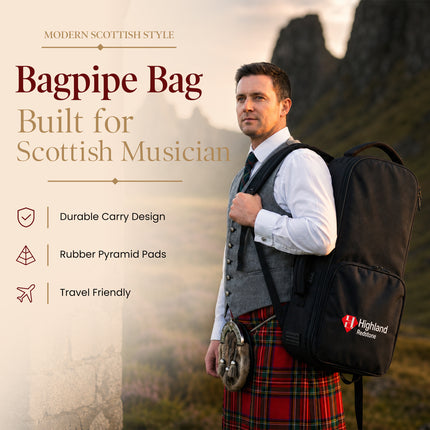Scottish Bagpipe Carrying Case | Padded Travel Backpack for Great Highland Instruments with Shoulder Straps & Handles