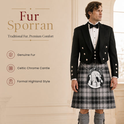 Formal White & Black Bovine Sporran with Celtic Chrome Cantle