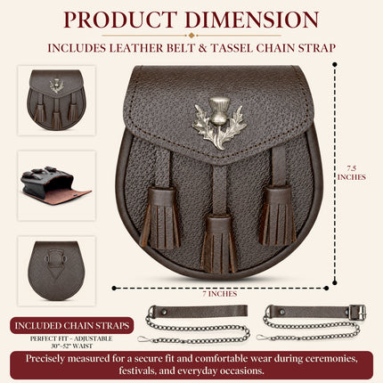 Sporran en cuir de luxe noir avec chardon antique