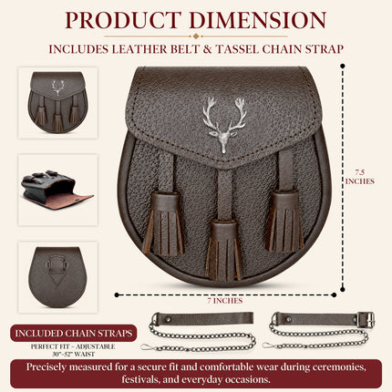Sporran en cuir de luxe noir avec chardon antique